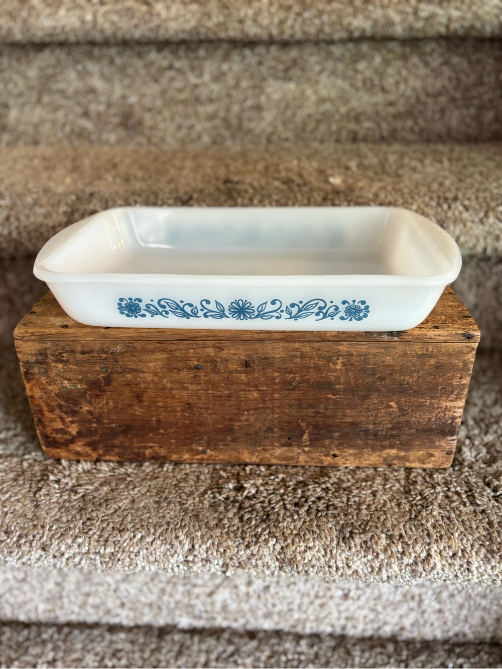 Vintage Milk Glass Baking Dish with Blue Floral Border